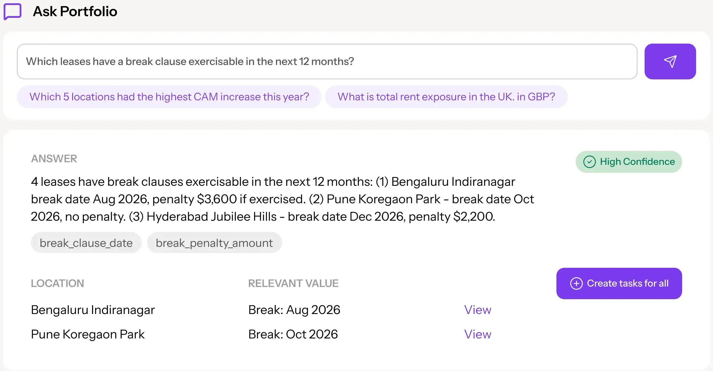 AI lease assistant interface answering natural language queries about lease data and suggesting follow-up actions.